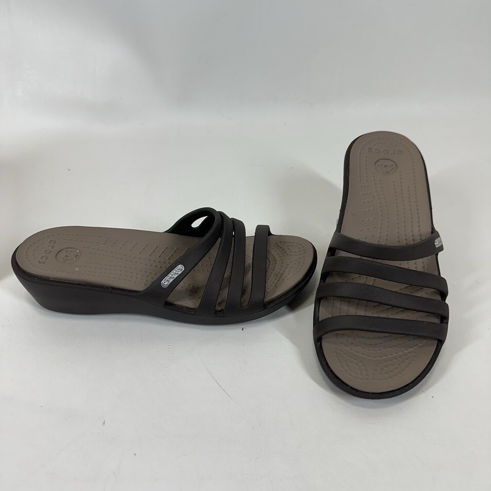 Crocs Rhonda‎ Slide Wedge Sandals Women's Size 6 Taupe Slate Brown Gray